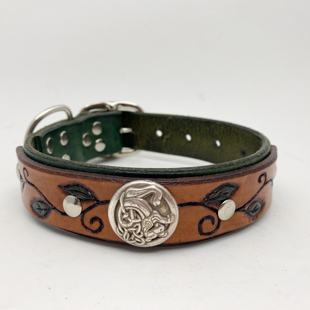 Tooled Leather Celtic Dog Medallion Dog Collar Tan Green Silver
